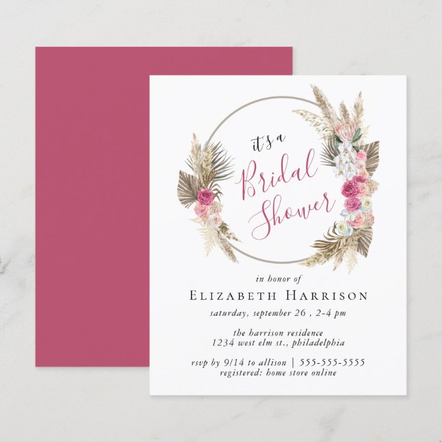 Boho Floral Pampas Grass Bridal Shower Invitation (Front/Back)