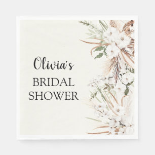 Boho Floral Pampas Grass Bridal Shower Paper Napkin