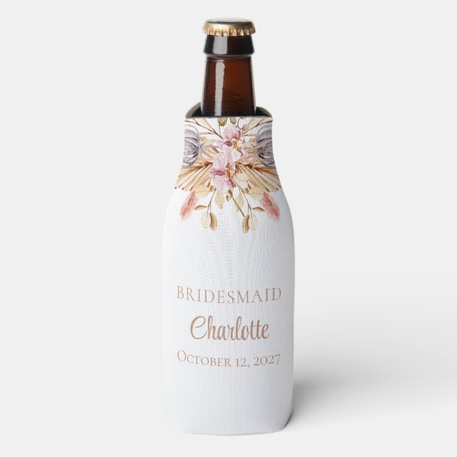 Boho Floral Pampas Grass Bridesmaid Wedding Party Bottle Cooler (Bottle Front)