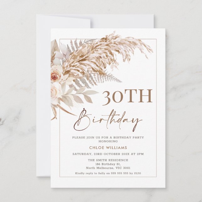 Boho Floral Pampas Grass Frame Birthday Invitation (Front)