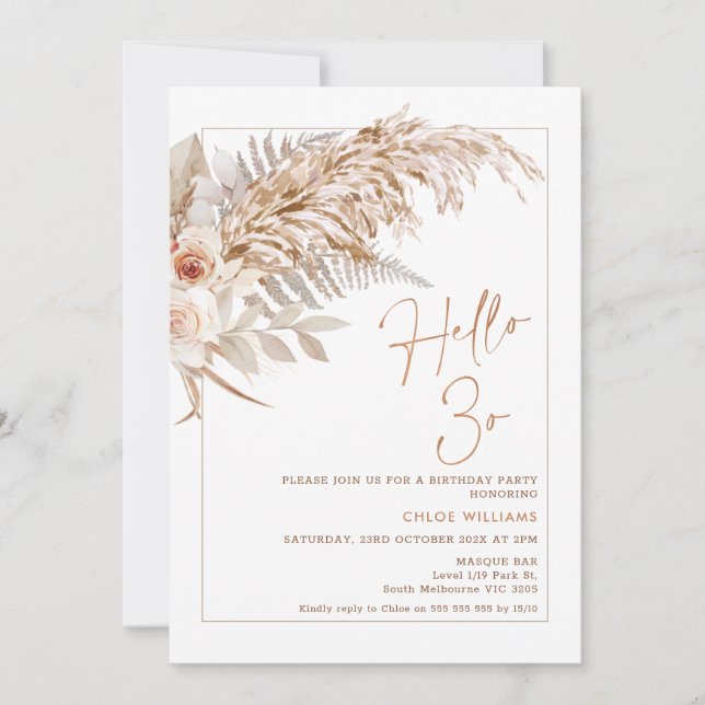 Boho Floral Pampas Grass Hello 30 Birthday Invitation (Front)