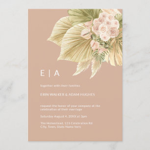 Boho Floral Pampas Grass Palm Blush Pink Wedding Invitation