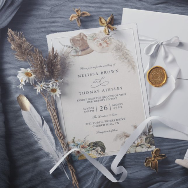  Boho Floral Pampas Grass Rustic QR Code Wedding Invitation (Creator Uploaded)