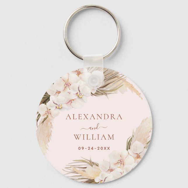 Boho Floral Pampas Grass Rustic Wedding Favour Keychain (Front)