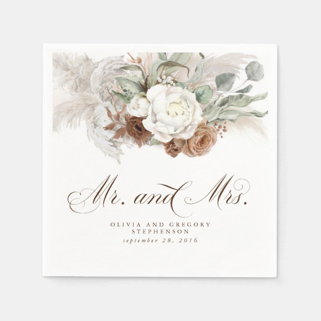 Boho Floral Pampas Grass Wedding Napkins (Front)