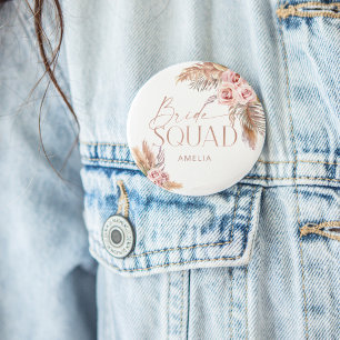 Boho Floral Pampas Rose Gold Bride Squad 3 Inch Round Button