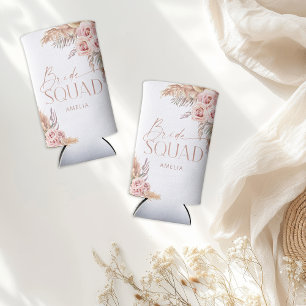 Boho Floral Pampas Rose Gold Bride Squad Seltzer Can Cooler