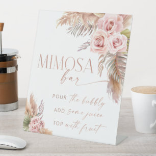 Boho Floral Pampas Rose Gold Mimosa Bar Pedestal Sign