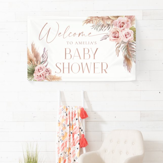 Boho Floral Pampas Rose Gold Welcome Bannière (En situation)