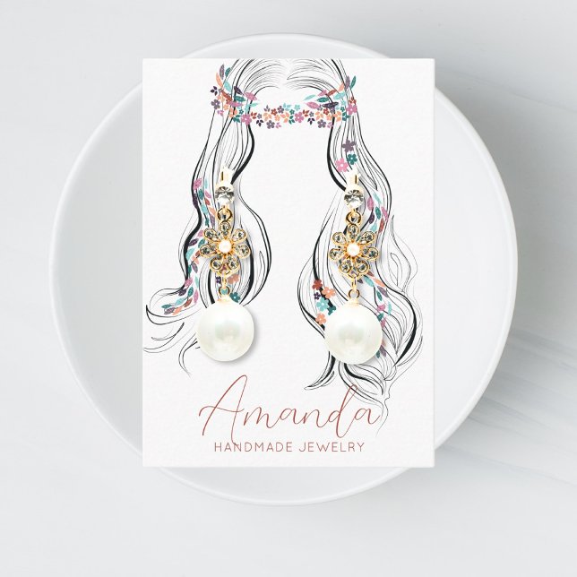 Boho Floral Pastel Wavy Hair Girl Flowers Earrings Business Card (Creator Uploaded)