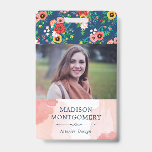 Boho Floral Pattern & Blush Pink Watercolor Photo Badge