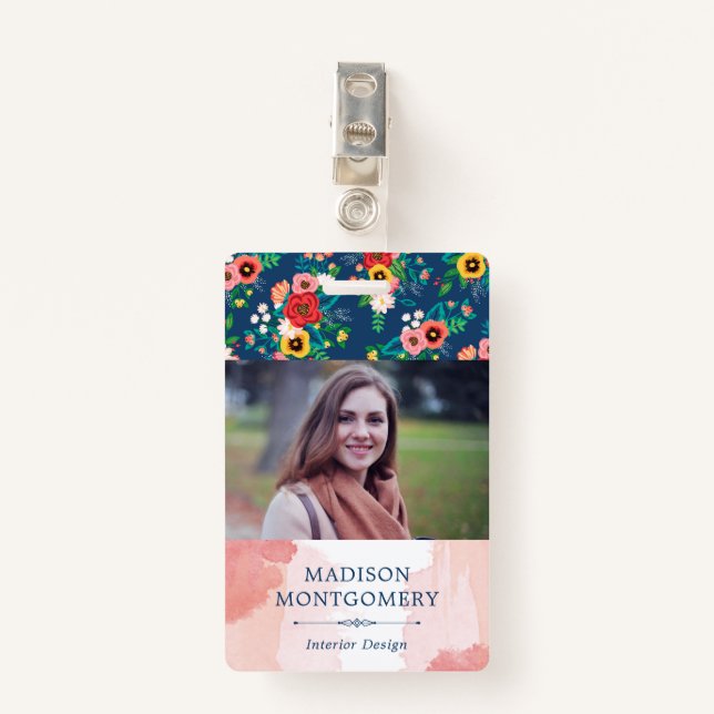 Boho Floral Pattern & Blush Pink Watercolor Photo Badge (Front with Clip)