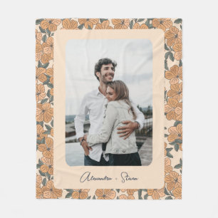 Boho Floral Pattern Custom Couple Photo Name Fleece Blanket