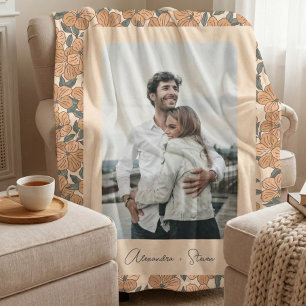 Boho Floral Pattern Custom Couple Photo Name Fleece Blanket
