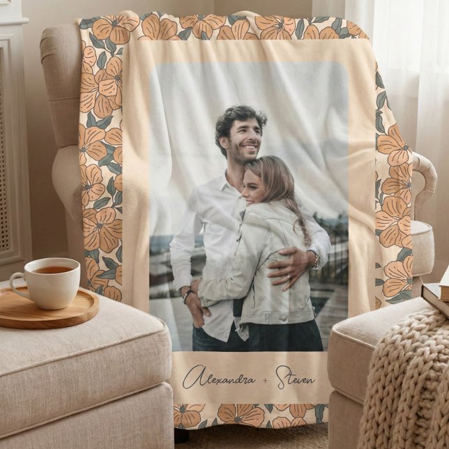 Boho Floral Pattern Custom Couple Photo Name Fleece Blanket (Creator Uploaded)