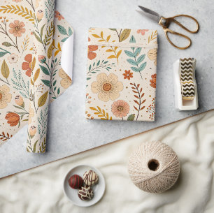 Boho Floral Pattern in Autumn Tones Wrapping Paper