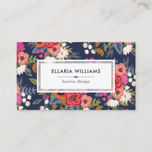Boho Floral Pattern - Navy Blue & Coral Business Card (Front)