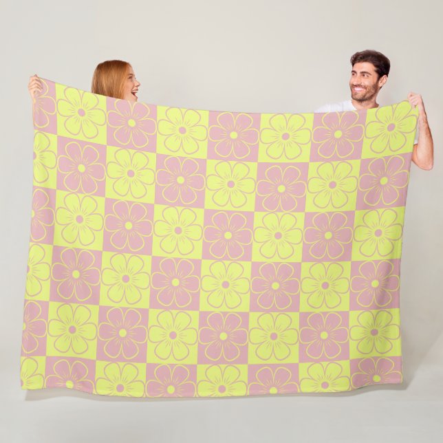 Boho Floral Pattern Pink Yellow Fleece Blanket (In Situ)