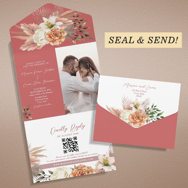 Boho Floral Peach Wedding All In One Invitation (Creator Uploaded)