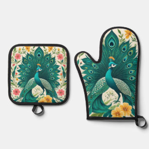 Boho Floral Peacock  Oven Mitt & Pot Holder Set
