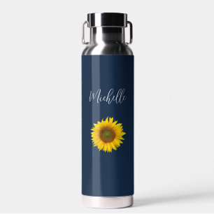 Boho Floral Peeking Sunflower Navy Blue Water Bottle