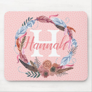 Boho Floral Personalize Custom Feather Initial Mouse Pad
