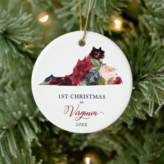 Boho Floral Personalized 1st Christmas in Virginia Ceramic Ornament (Tree)