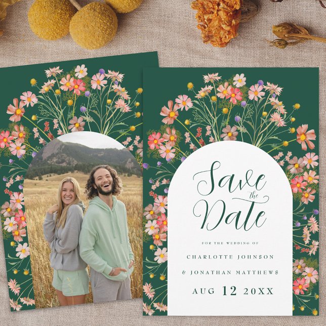 Boho Floral Photo Arch Wedding Save The Date (Boho fall Wildflower floral arch photo dark green Wedding save the date invitation )