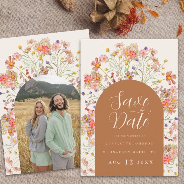 Boho Floral Photo Arch Wedding Save The Date (Boho wildflower floral arch photo wedding save the date invitation Watercolor flowers elegant script)