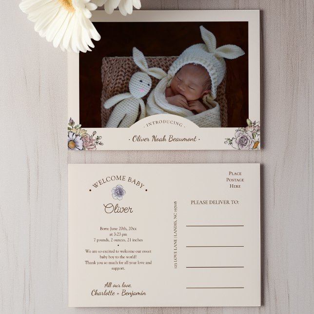 Boho Floral Photo Birth Announcement Postcard (Creator Uploaded)