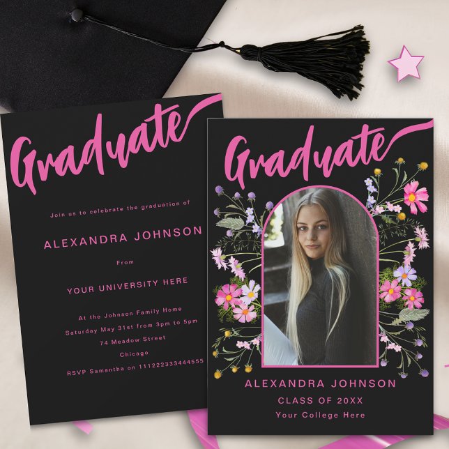 Boho Floral Photo Black and Pink Script Grad Party Invitation (Stylish boho floral graduate photo arch black and hot pink script Graduation party invitation)