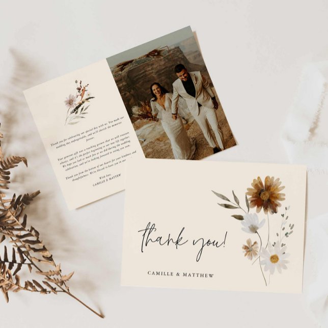 Boho Floral Photo Mariage Carte de remerciements (Elegant Boho Photo Wedding Thank you card)