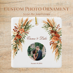 Boho Floral Photo QR Code Ornament   Personalized
