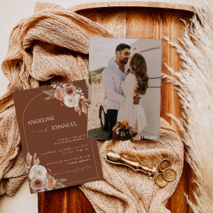 Boho Floral Photo Wedding Invite Pampas Grass