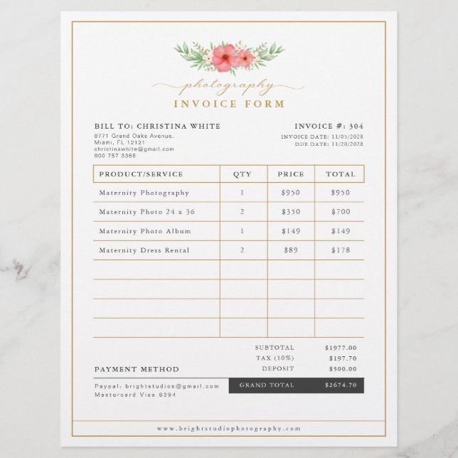 Boho Floral Photography Business Invoice Form Flyer (Front)