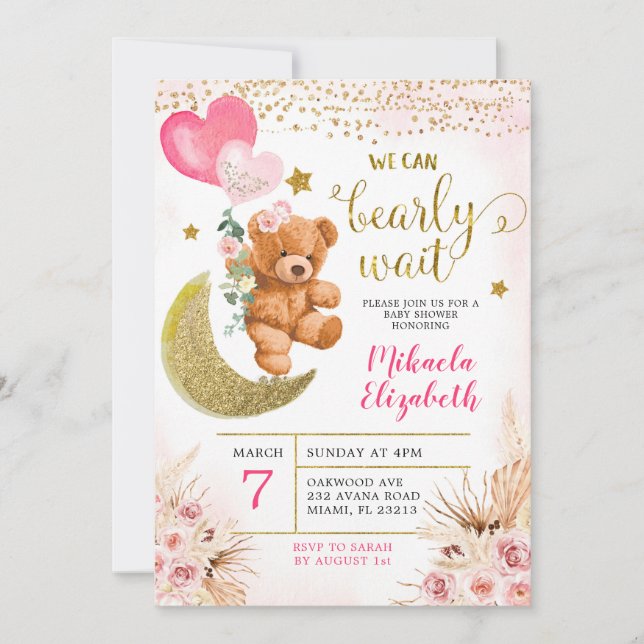 Boho Floral Pink Bearly Wait Baby Shower Invite (Front)