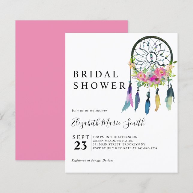 Boho Floral Pink Budget Bridal Shower Invitation (Front/Back)