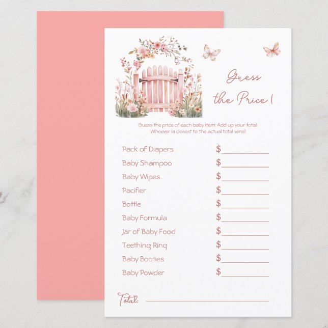 Boho Floral Pink Garden Baby Shower Price Guess (Front/Back)