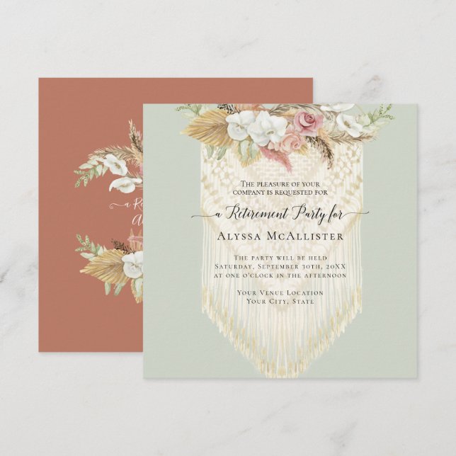BOHO Floral Pink Pampas Grass Macrame Retirement Invitation (Front/Back)