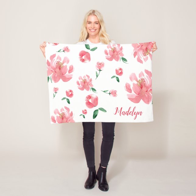 Boho floral pink peonies personalized name fleece blanket (In Situ)