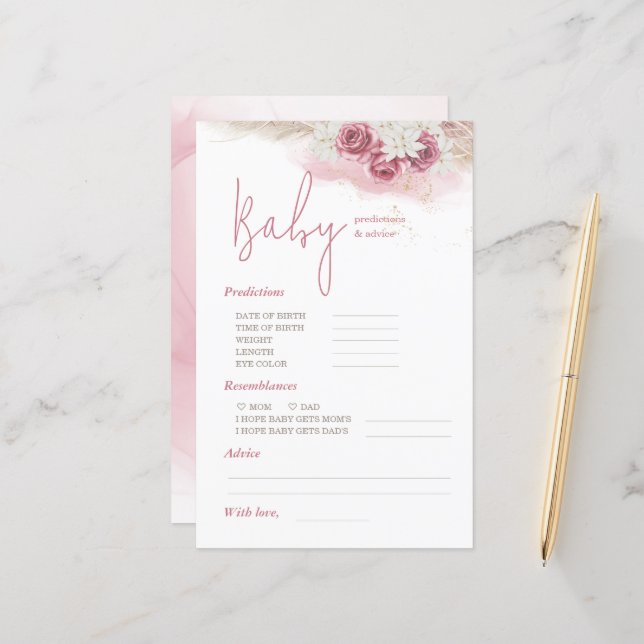 Boho Floral Predictions & Advice Baby Shower Card (Front/Back In Situ)