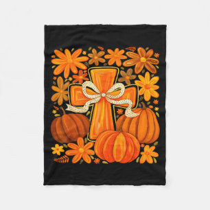 Boho Floral Pumpkin Cross Fall Jesus Christian Fai Fleece Blanket