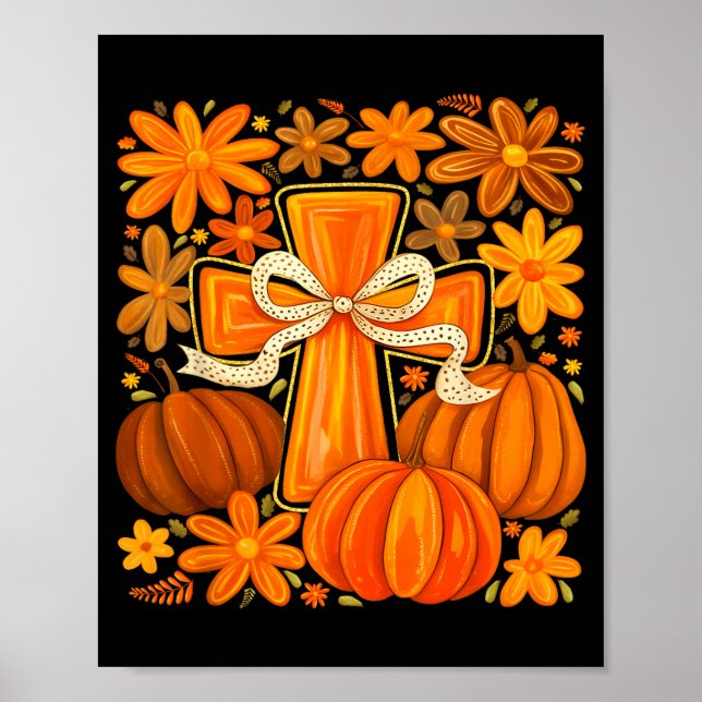 Boho Floral Pumpkin Cross Fall Jesus Christian Fai Poster (Front)