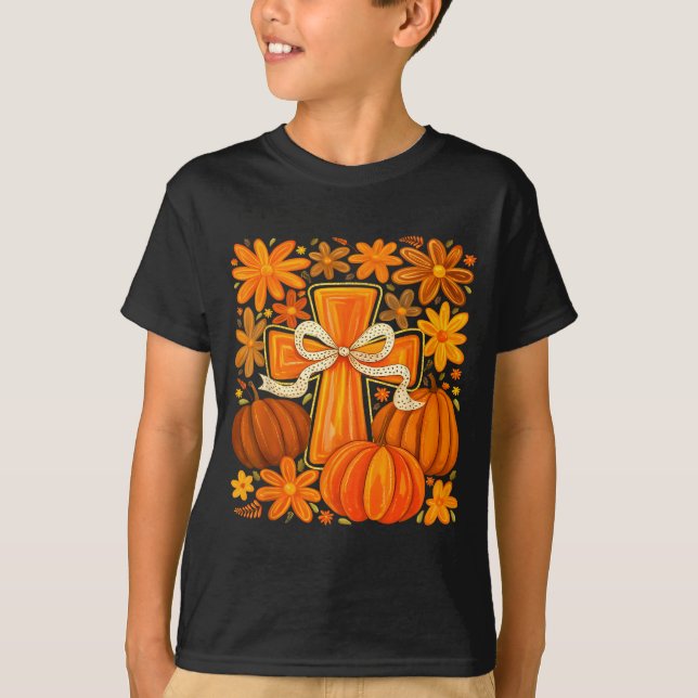 Boho Floral Pumpkin Cross Fall Jesus Christian Fai T-Shirt (Front)