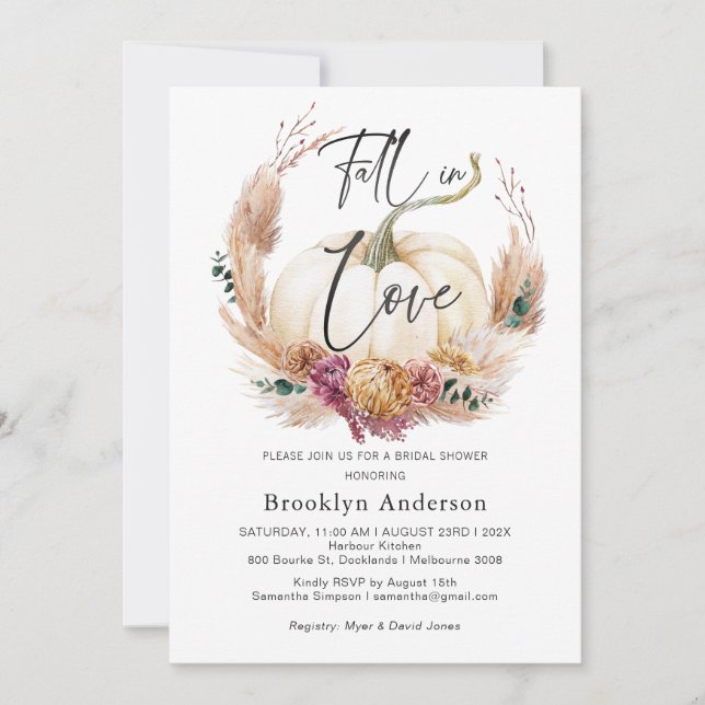 Boho Floral Pumpkin Fall In Love Bridal Shower Inv Invitation (Front)