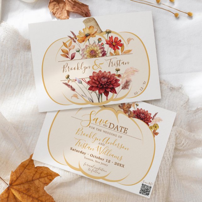 Boho Floral Pumpkin Fall Wedding Save The Date (Modern boho pampas grass fall floral orange ivory Autumn pumpkin script wedding save the date card)