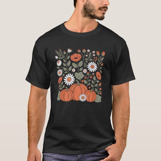 Boho Floral Pumpkin Season Cozy Vibes Ditsy Flower T-Shirt (Front)