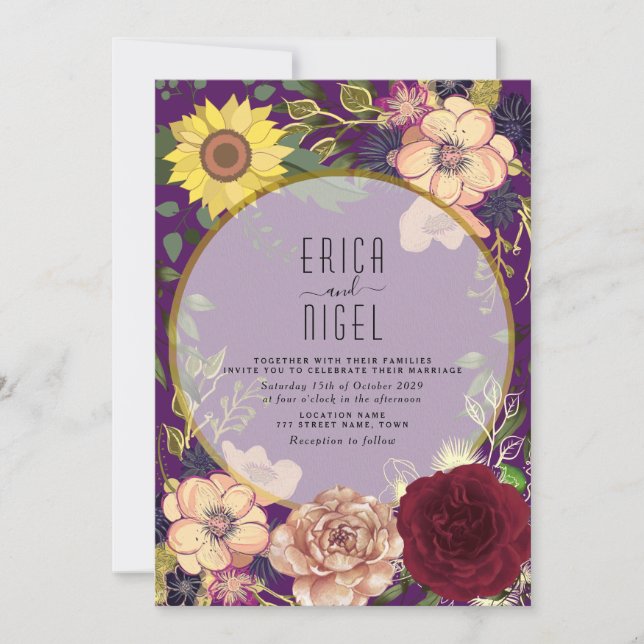 Boho Floral Purple Faire-part de mariage (Devant)