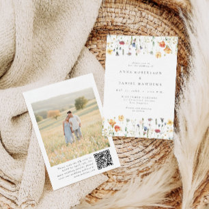 Boho Floral QR Code Photo Wedding Invitation
