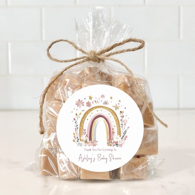 Boho Floral Rainbow Baby Shower Thank You Classic Round Sticker (Creator Uploaded)